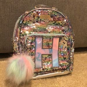 Justice for Girl’s Silver Glitter H Initial Mini Backpack. Initial - H